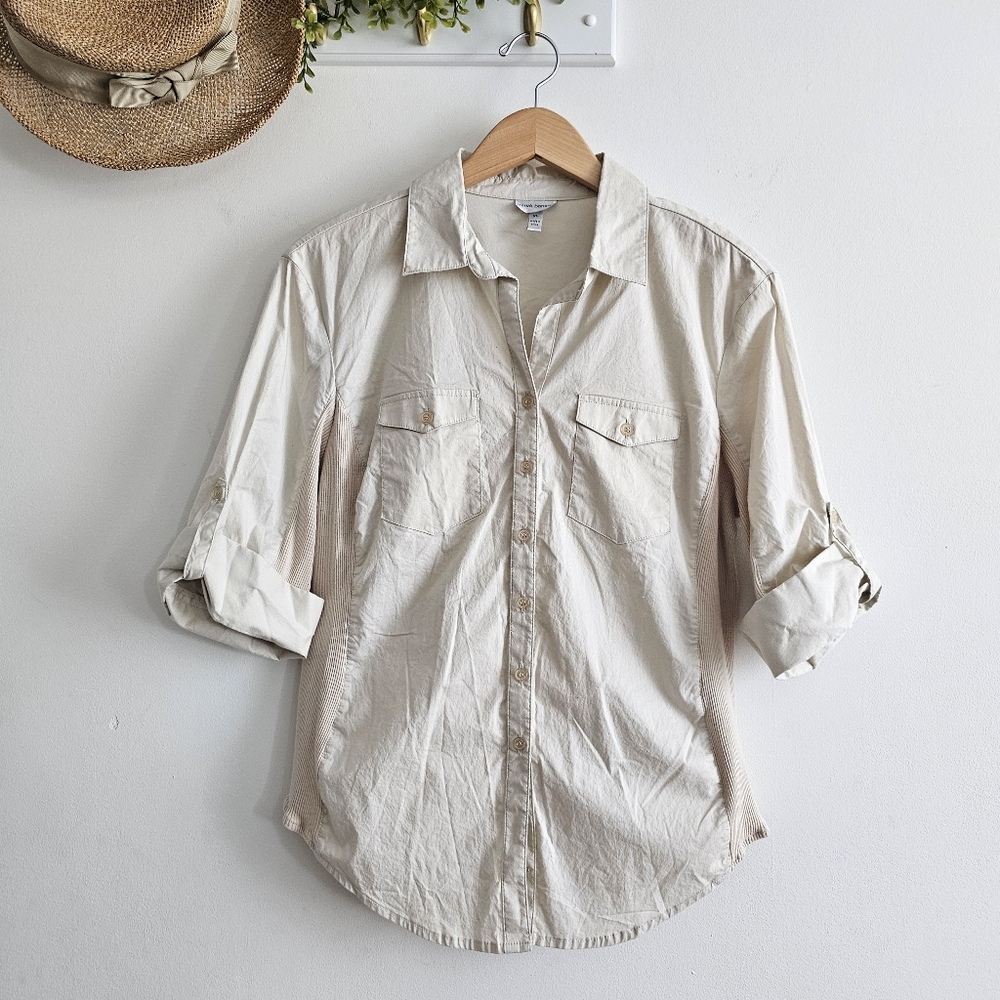 Harve Benard Button Front Utility Shirt XL Cotton Stretch Roll Tab Sleeve